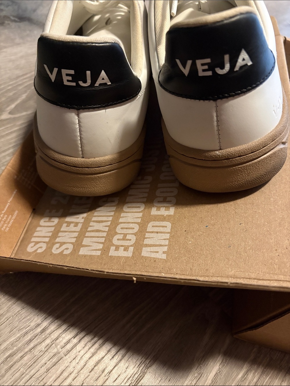 Veja White Leather Sneakers with Black V and Tan Sole - Picture 4 of 6